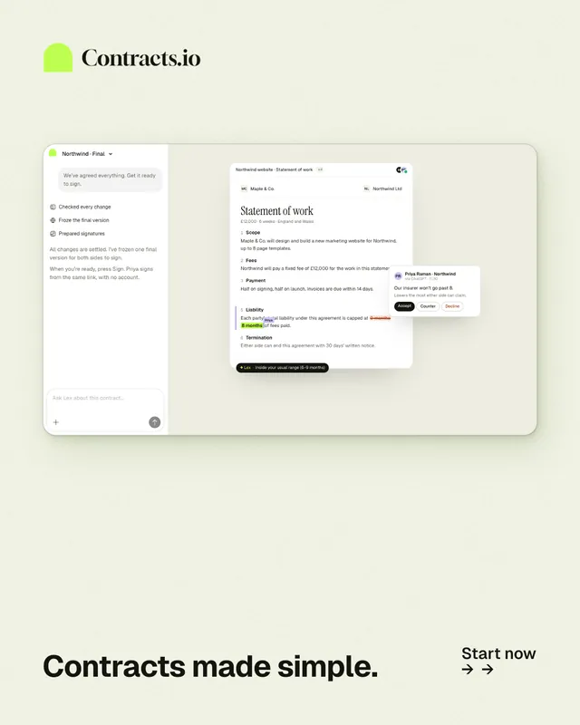 Instagram portrait post for contracts.io: "Contracts made simple." Swiss style, image led layout, light palette in white, yellow.