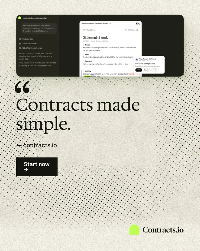 Instagram portrait post for contracts.io: "Contracts made simple." Ink sticker style, quote layout, light palette in white, yellow, grey.