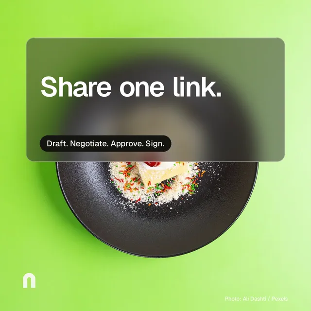 Instagram post for contracts.io: "Share one link." Glass style, technique:pexels ingredient layout, light palette in black, green.