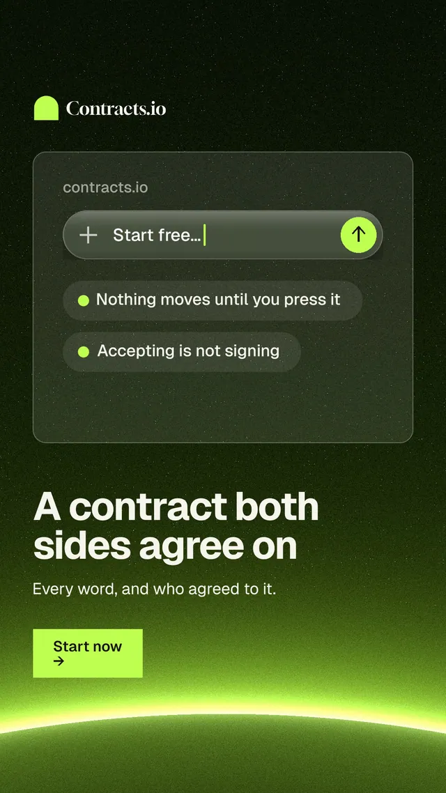 Instagram story for contracts.io: "A contract both sides agree on". Swiss style, bottom layout, dark palette in green, black.