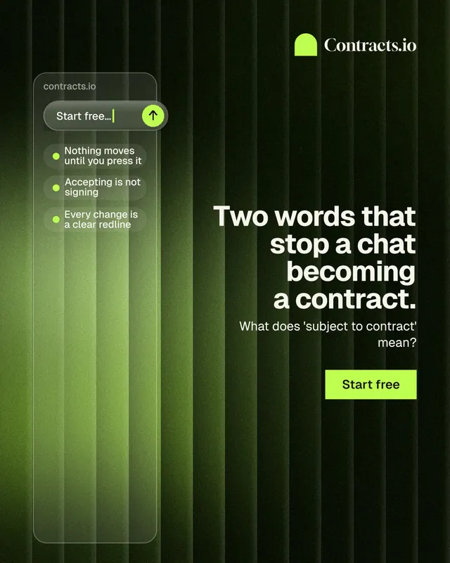 Instagram portrait post for contracts.io: "Two words that stop a chat becoming a contract." Swiss style, right layout, dark palette in green, black.