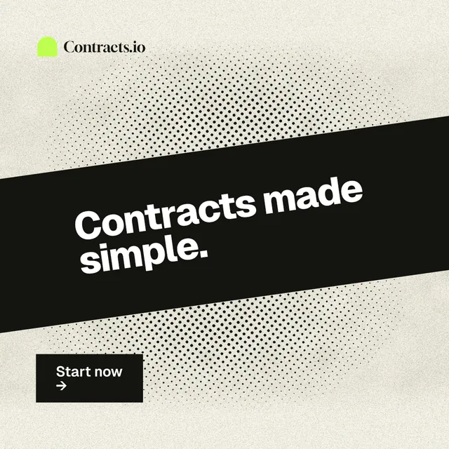Instagram post for contracts.io: "Contracts made simple." Ink sticker style, diagonal layout, light palette in white, yellow, black.