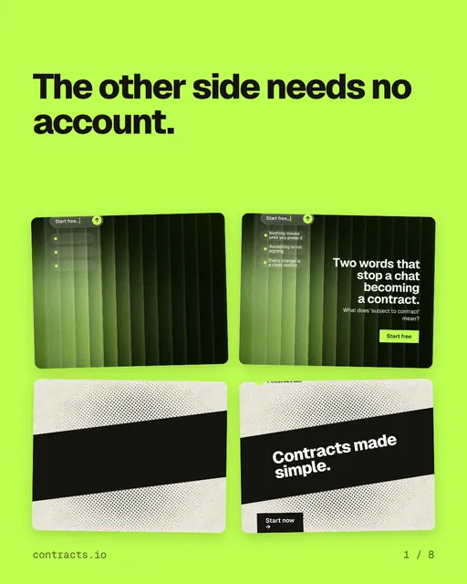 Carousel for contracts.io: "The other side needs no account.". Collection carousel, 8 slides, light palette.