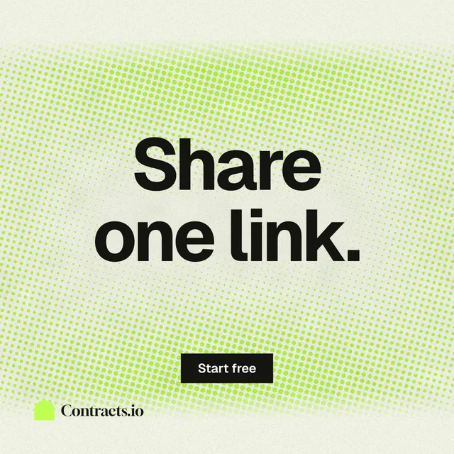 Instagram post for contracts.io: "Share one link." Swiss style, centred layout, light palette in green, grey.