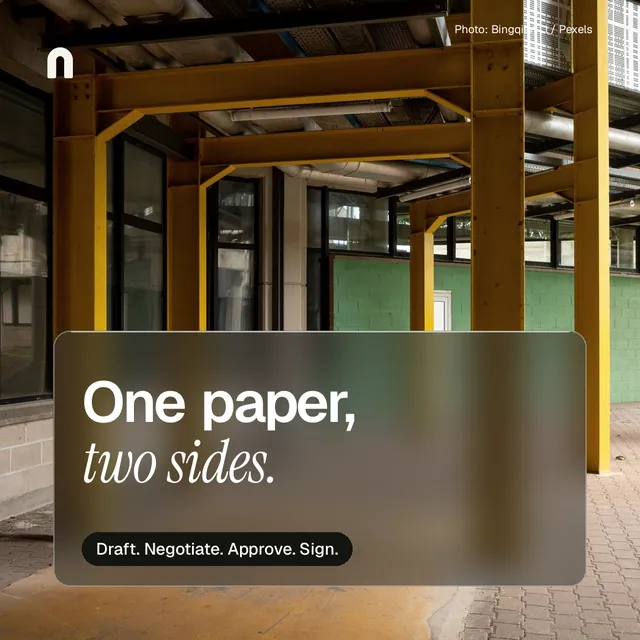 Instagram post for contracts.io: "One paper, two sides." Glass style, technique:pexels ingredient layout, dark palette in orange, black, grey.