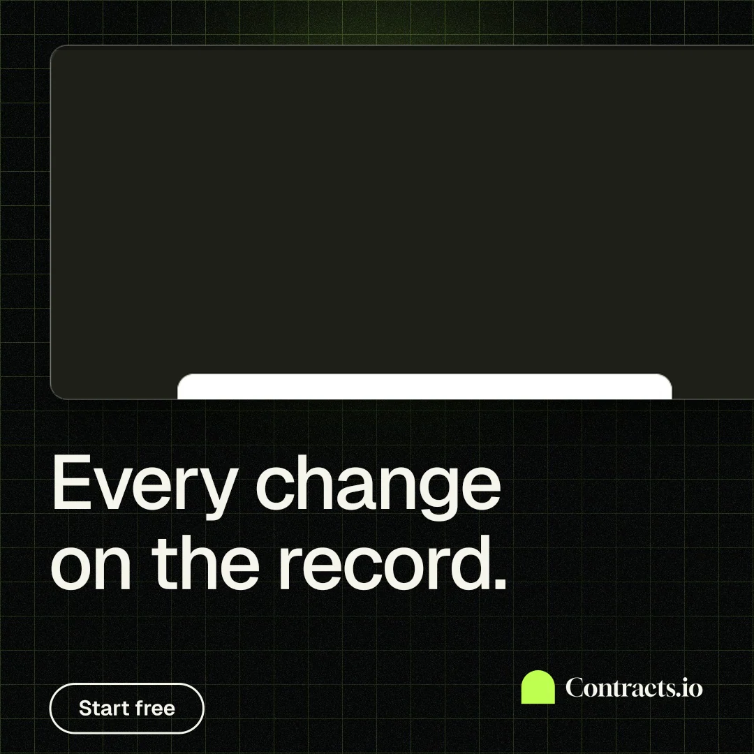 Instagram post for contracts.io: "Every change on the record." Phosphor atlas style, bottom layout, dark palette in black, grey.
