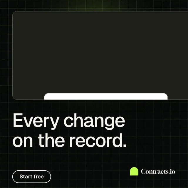 Instagram post for contracts.io: "Every change on the record." Phosphor atlas style, bottom layout, dark palette in black, grey.