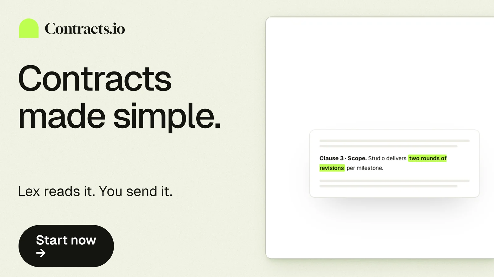 Landscape graphic for contracts.io: "Contracts made simple." Data card style, bottom layout, light palette in white, grey.