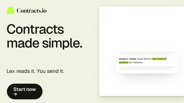 Landscape graphic for contracts.io: "Contracts made simple." Data card style, bottom layout, light palette in white, grey.