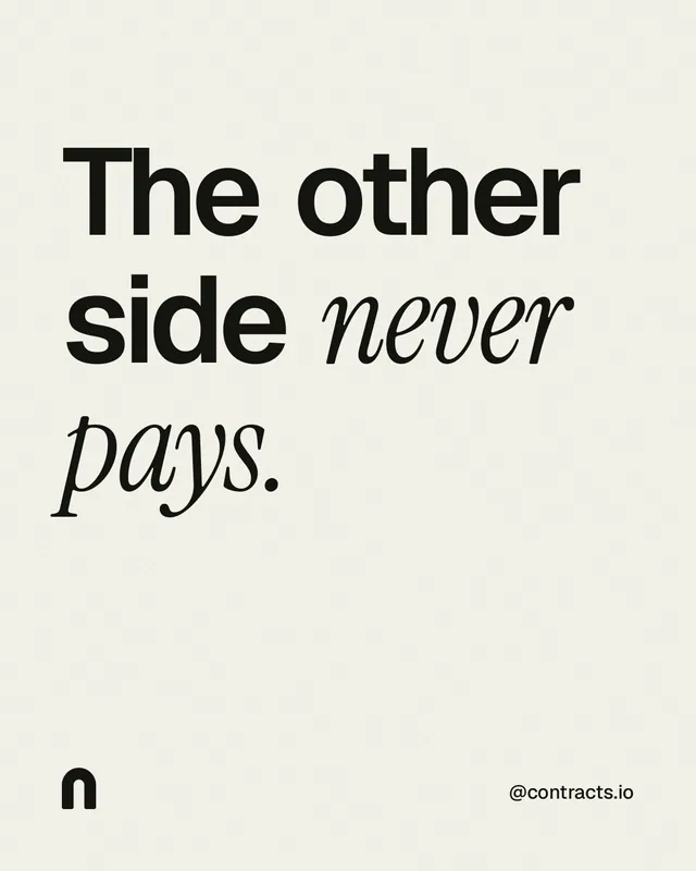 Instagram portrait post for contracts.io: "The other side never pays." Editorial style, technique:mixed type lockup layout, light palette in white, grey.