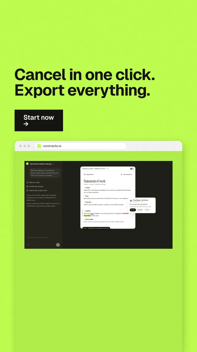 Instagram story for contracts.io: "Cancel in one click. Export everything." Swiss style, browser layout, light palette in green.