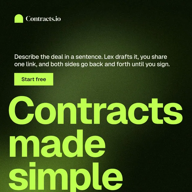 Instagram post for contracts.io: "Contracts made simple." Swiss style, oversized layout, dark palette in green, black.