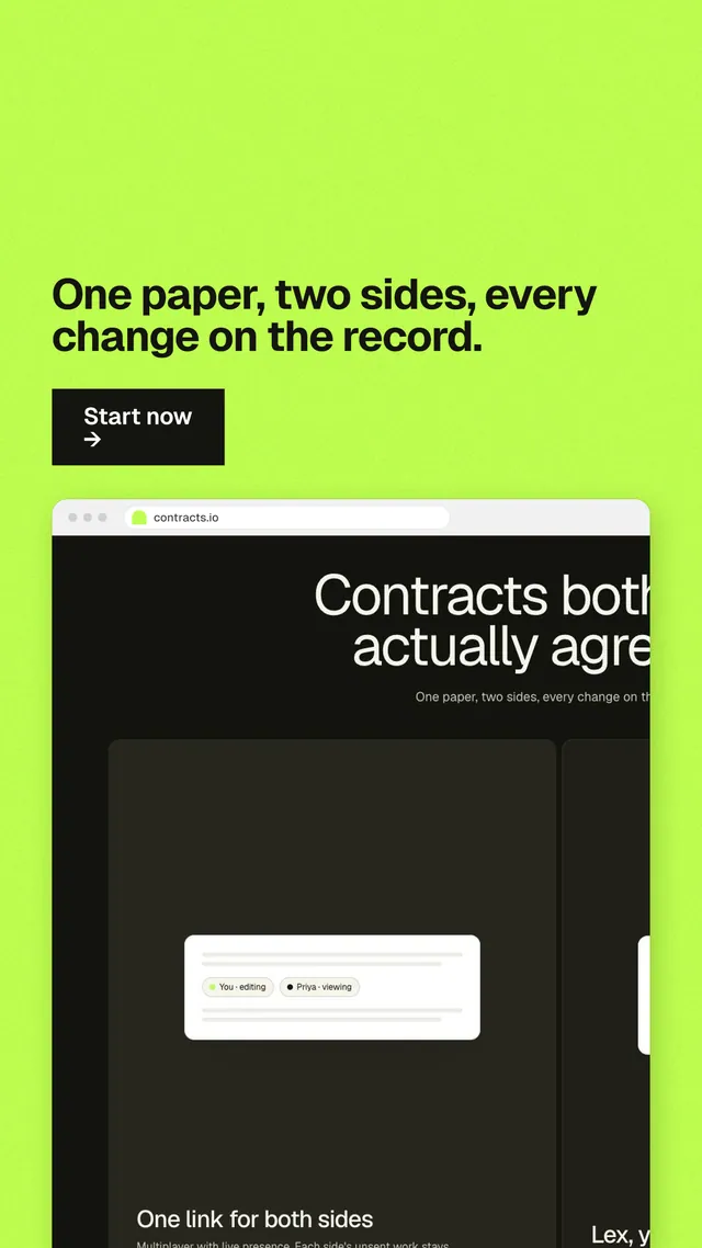 Instagram story for contracts.io: "One paper, two sides, every change on the record." Swiss style, browser layout, light palette in green, black.