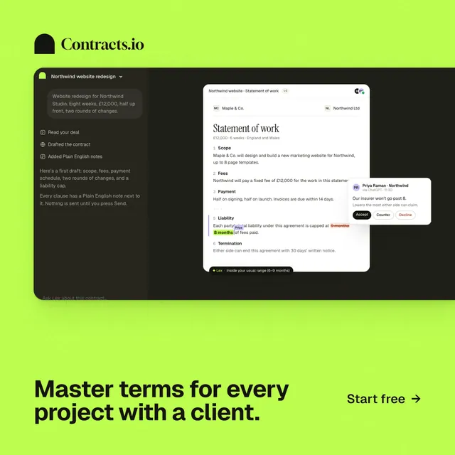 Instagram post for contracts.io: "Master terms for every project with a client." Swiss style, image led layout, light palette in green, black.