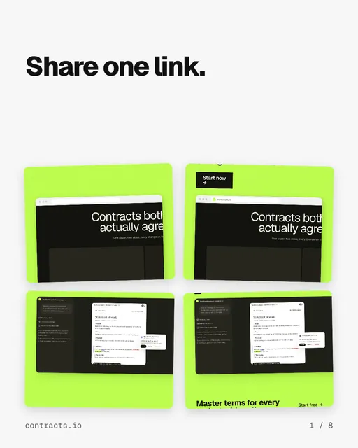 Carousel for contracts.io: "Share one link.". Collection carousel, 8 slides, light palette.