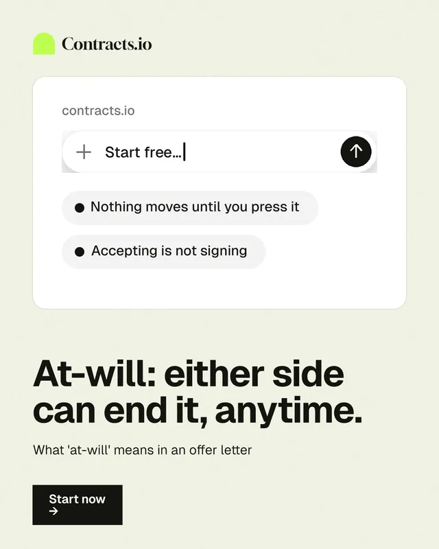 Instagram portrait post for contracts.io: "At-will: either side can end it, anytime." Swiss style, bottom layout, light palette in white, grey.