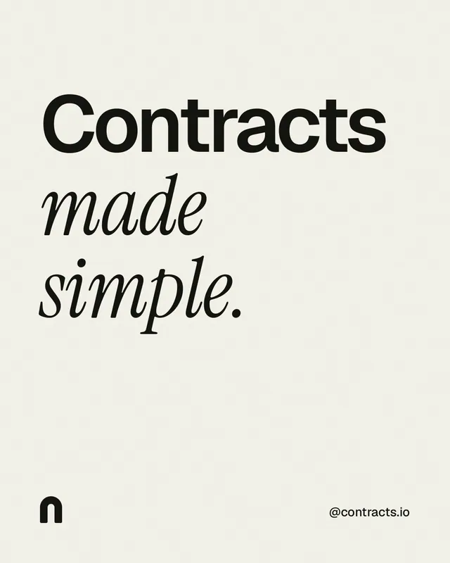Instagram portrait post for contracts.io: "Contracts made simple." Editorial style, technique:mixed type lockup layout, light palette in white, grey.