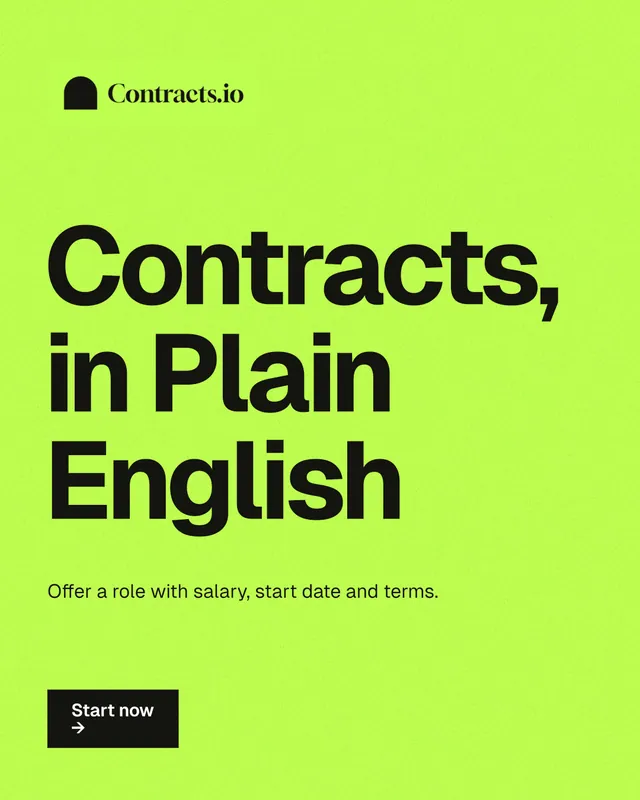 Instagram portrait post for contracts.io: "Contracts, in Plain English". Swiss style, announce layout, light palette in green.