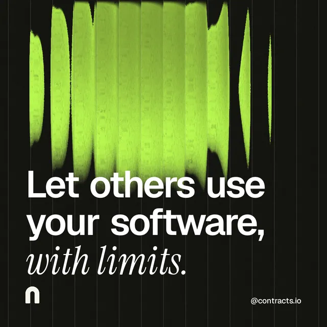 Instagram post for contracts.io: "Let others use your software, with limits." Auto 1x1 style, technique:shader field layout, dark palette in green, black.
