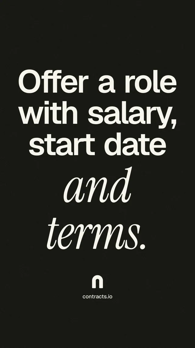 Instagram story for contracts.io: "Offer a role with salary, start date and terms." Poster style, technique:mixed type lockup layout, dark palette in black, grey.