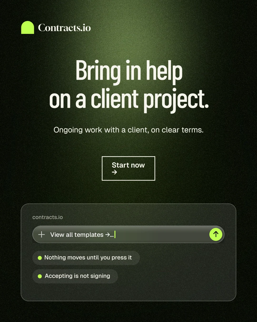 Instagram portrait post for contracts.io: "Bring in help on a client project." Dark deco style, centred layout, dark palette in black, green, grey.