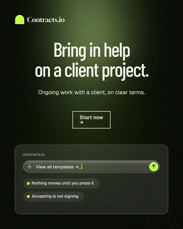 Instagram portrait post for contracts.io: "Bring in help on a client project." Dark deco style, centred layout, dark palette in black, green, grey.