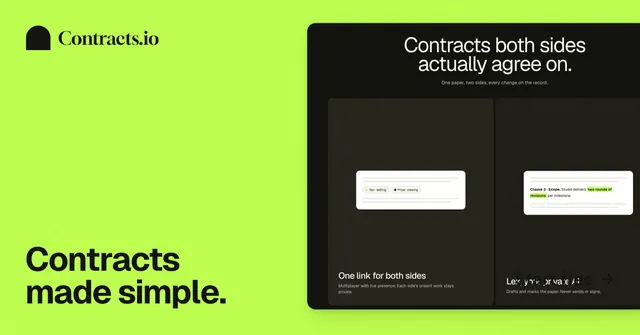 Social ad for contracts.io: "Contracts made simple." Swiss style, image led layout, light palette in green, black.