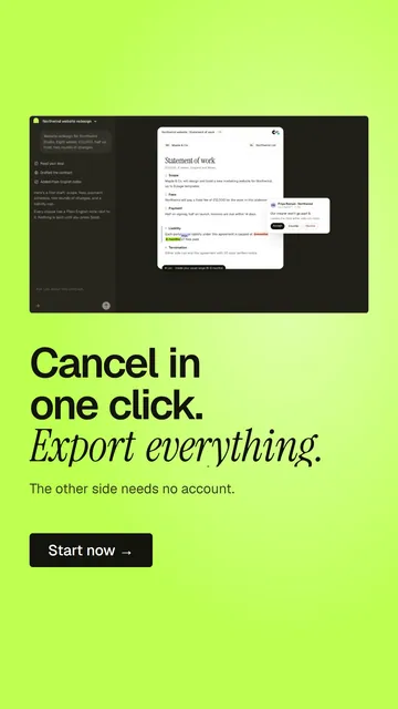 Video for contracts.io: "Cancel in one click. Export everything.". Doc motion loop, 7.0 s, light palette.