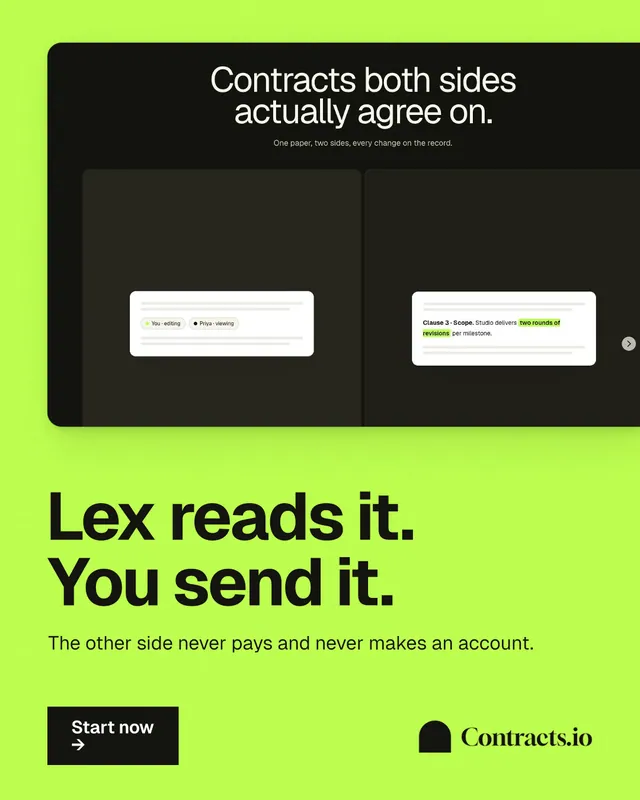Instagram portrait post for contracts.io: "Lex reads it. You send it." Swiss style, bottom layout, light palette in green, black.