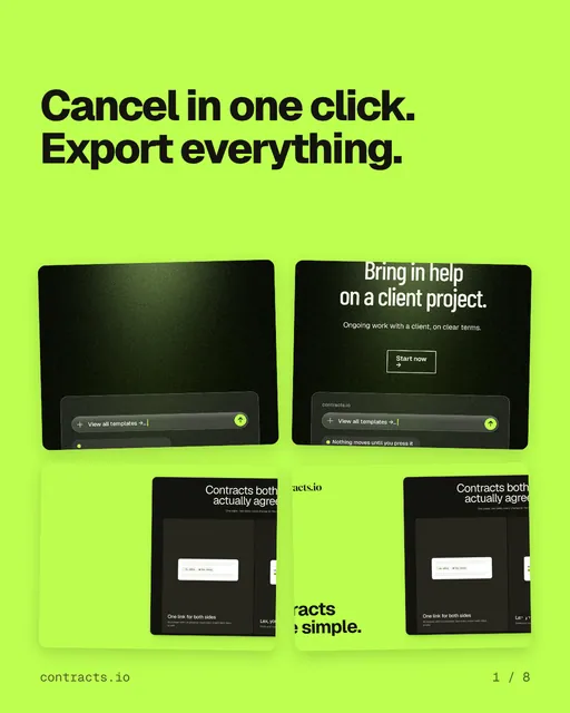 Carousel for contracts.io: "Cancel in one click. Export everything.". Collection carousel, 8 slides, light palette.
