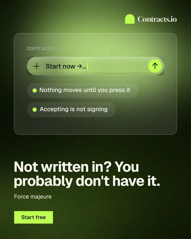 Instagram portrait post for contracts.io: "Not written in? You probably don't have it." Swiss style, bottom layout, dark palette in black, green.