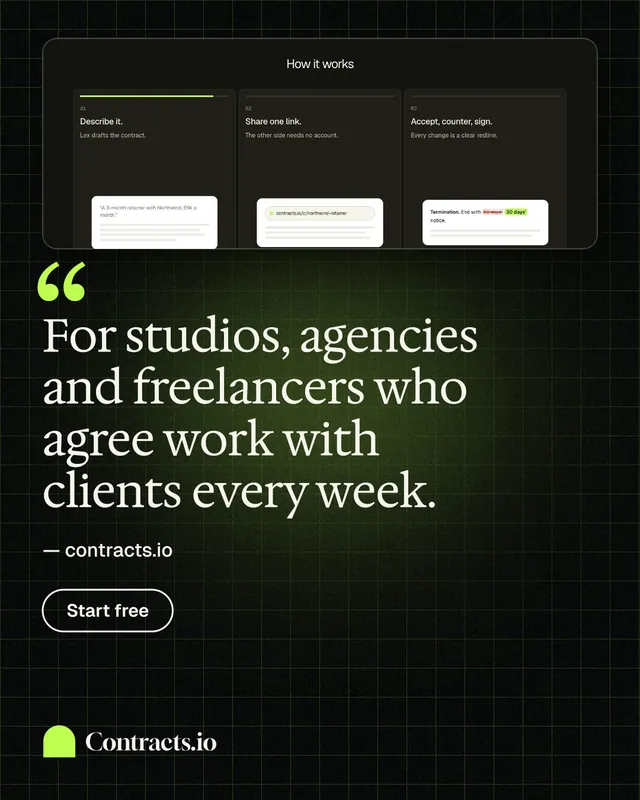 Instagram portrait post for contracts.io: "For studios, agencies and freelancers who agree work with clients every week." Phosphor atlas style, quote layout, dark palette in black, grey.