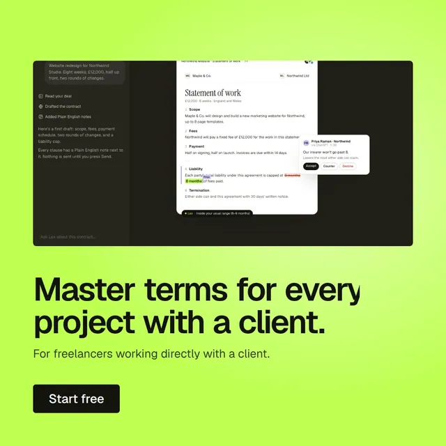 Video for contracts.io: "Master terms for every project with a client.". Kinetic type grid, 7.0 s, light palette.