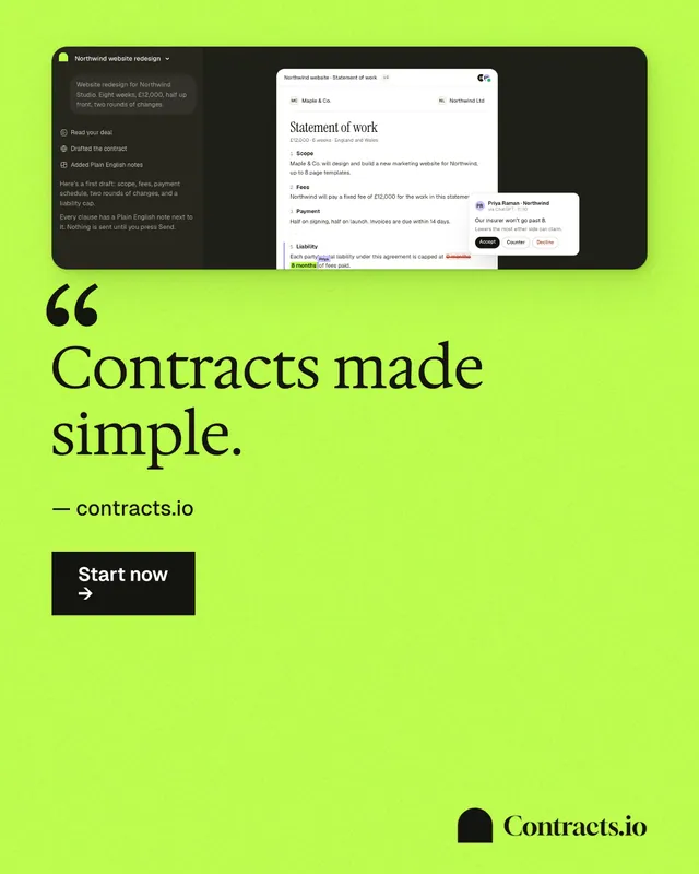 Instagram portrait post for contracts.io: "Contracts made simple." Swiss style, quote layout, light palette in green.