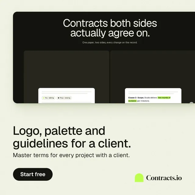 Instagram post for contracts.io: "Logo, palette and guidelines for a client." Data card style, bottom layout, light palette in white, black, green.