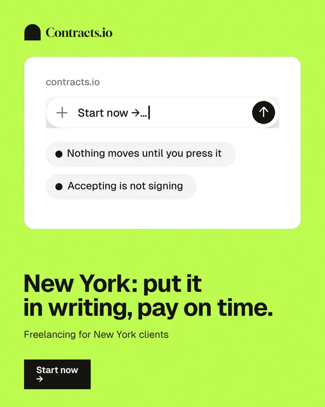 Instagram portrait post for contracts.io: "New York: put it in writing, pay on time." Swiss style, bottom layout, light palette in green, white.