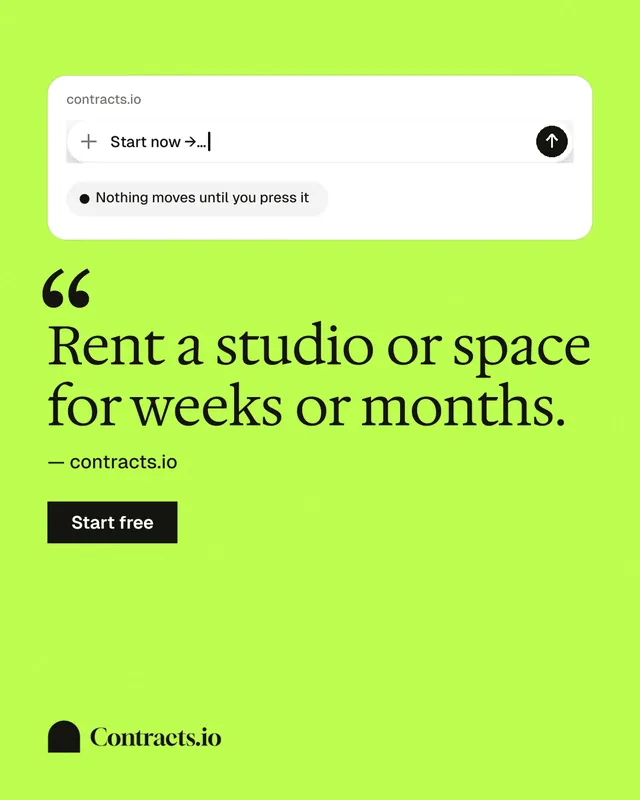 Instagram portrait post for contracts.io: "Rent a studio or space for weeks or months." Swiss style, quote layout, light palette in green, white.