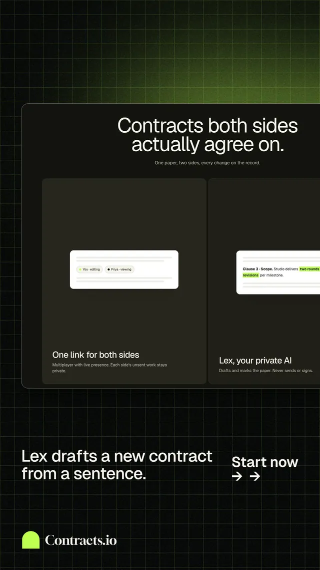 Instagram story for contracts.io: "Lex drafts a new contract from a sentence." Phosphor atlas style, image led layout, dark palette in black, grey.