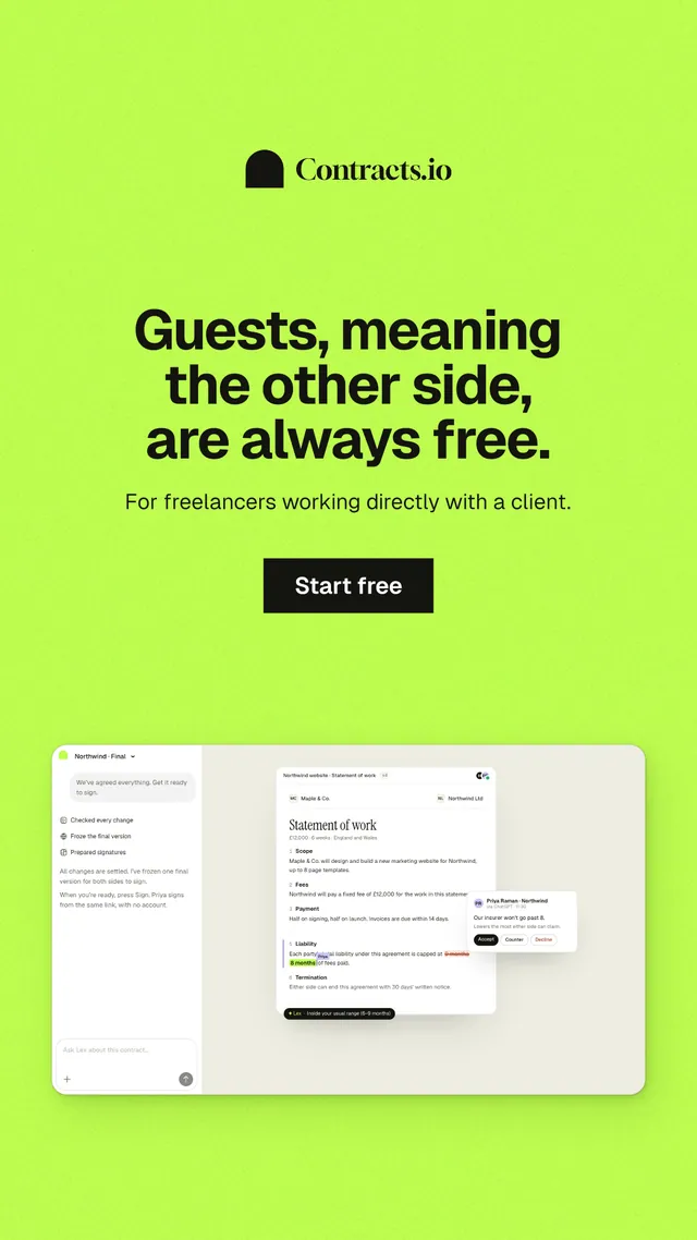 Instagram story for contracts.io: "Guests, meaning the other side, are always free." Swiss style, centred layout, light palette in green.
