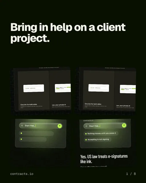 Carousel for contracts.io: "Bring in help on a client project.". Collection carousel, 8 slides, dark palette.
