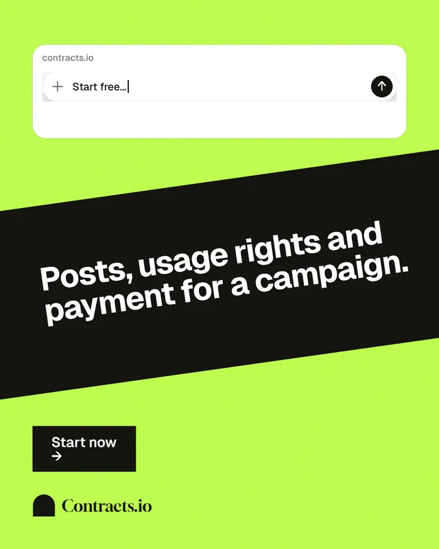 Instagram portrait post for contracts.io: "Posts, usage rights and payment for a campaign." Swiss style, diagonal layout, light palette in green, black.