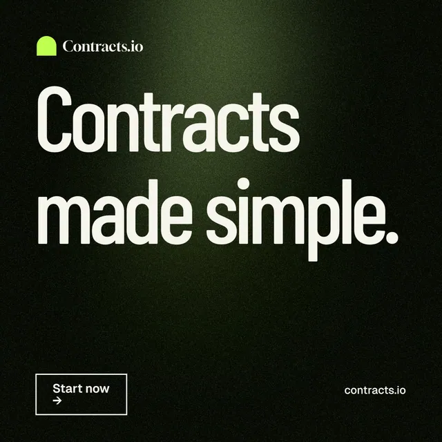 Instagram post for contracts.io: "Contracts made simple." Dark deco style, poster layout, dark palette in black, grey.