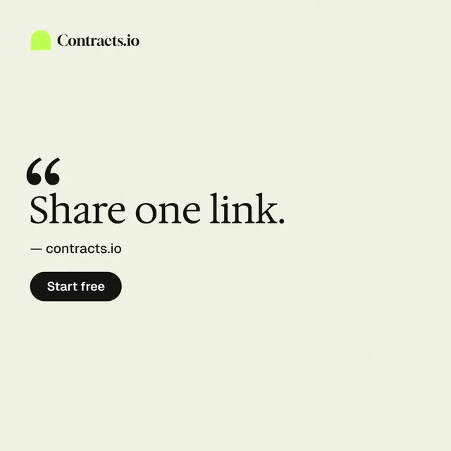 Instagram post for contracts.io: "Share one link." Data card style, quote layout, light palette in white.