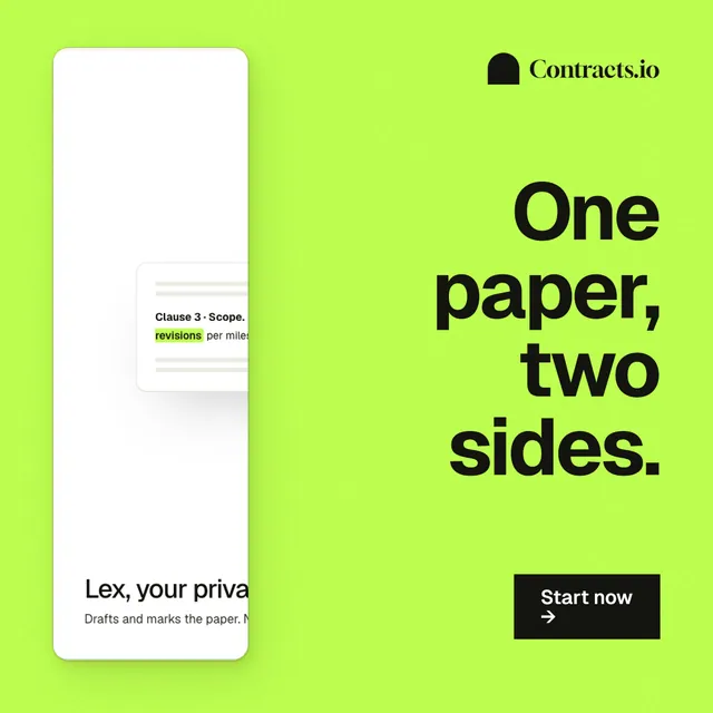 Instagram post for contracts.io: "One paper, two sides." Swiss style, right layout, light palette in green, white.