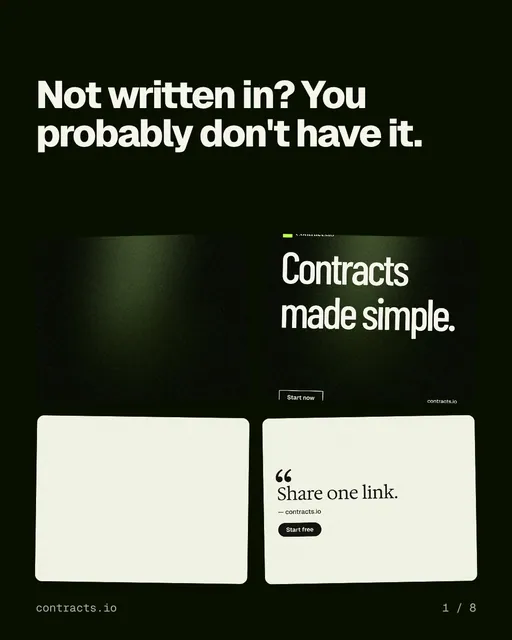 Carousel for contracts.io: "Not written in? You probably don't have it.". Collection carousel, 8 slides, dark palette.