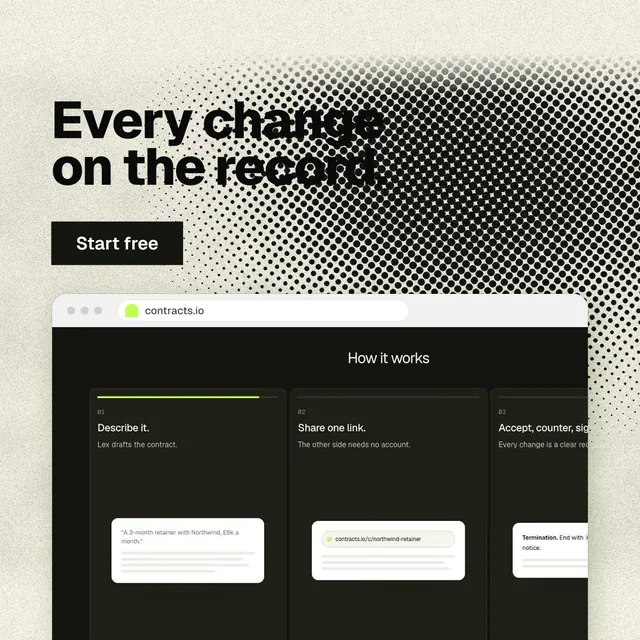Instagram post for contracts.io: "Every change on the record." Ink sticker style, browser layout, light palette in yellow, black, grey.