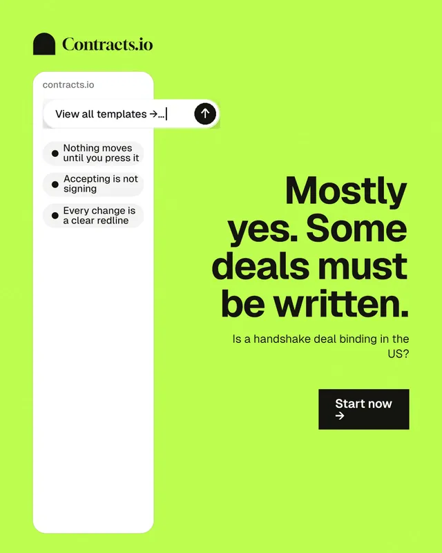 Instagram portrait post for contracts.io: "Mostly yes. Some deals must be written." Swiss style, right layout, light palette in green, white.