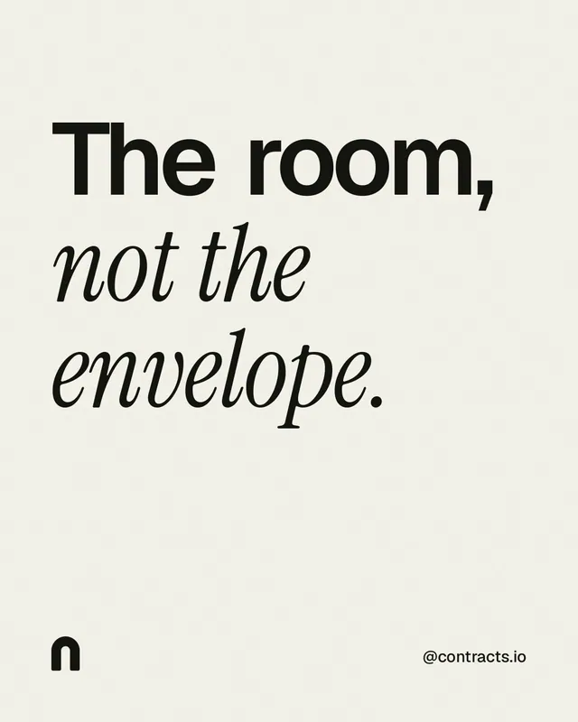 Instagram portrait post for contracts.io: "The room, not the envelope." Editorial style, technique:mixed type lockup layout, light palette in white, grey.