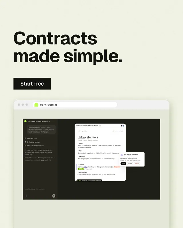 Instagram portrait post for contracts.io: "Contracts made simple." Swiss style, browser layout, light palette in green, black, white.