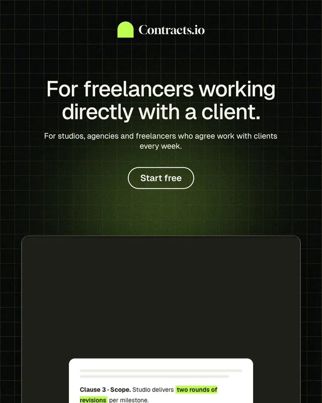 Instagram portrait post for contracts.io: "For freelancers working directly with a client." Phosphor atlas style, centred layout, dark palette in black, green, grey.